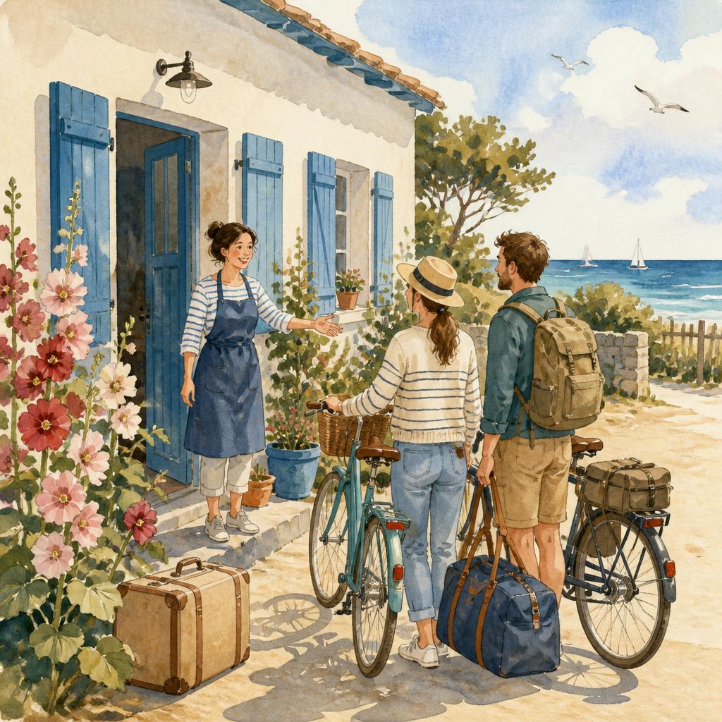 Illustration chaleureuse d'une hôtesse accueillant des voyageurs dans un gîte côtier Rochefort Océan